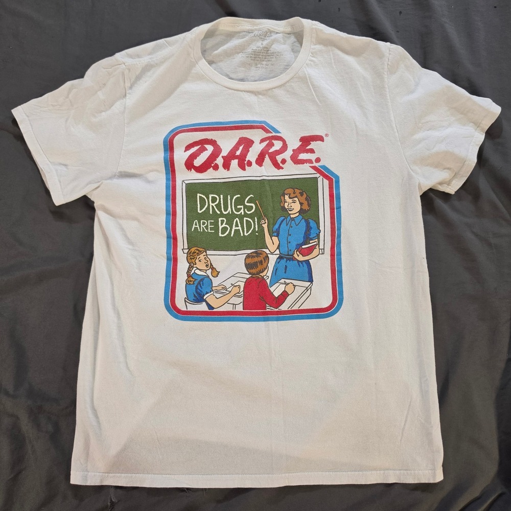 DARE Drugs Are Bad Retro Graphic T-Shirt White Mens Large Retro Cartoon Teacher